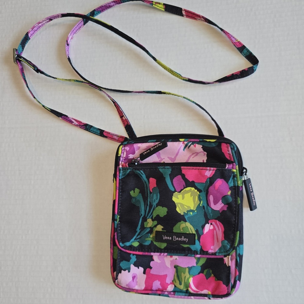 Vera Bradley Mini Hipster Crossbody Bag Purse Hilo Meadow Floral Black Pockets